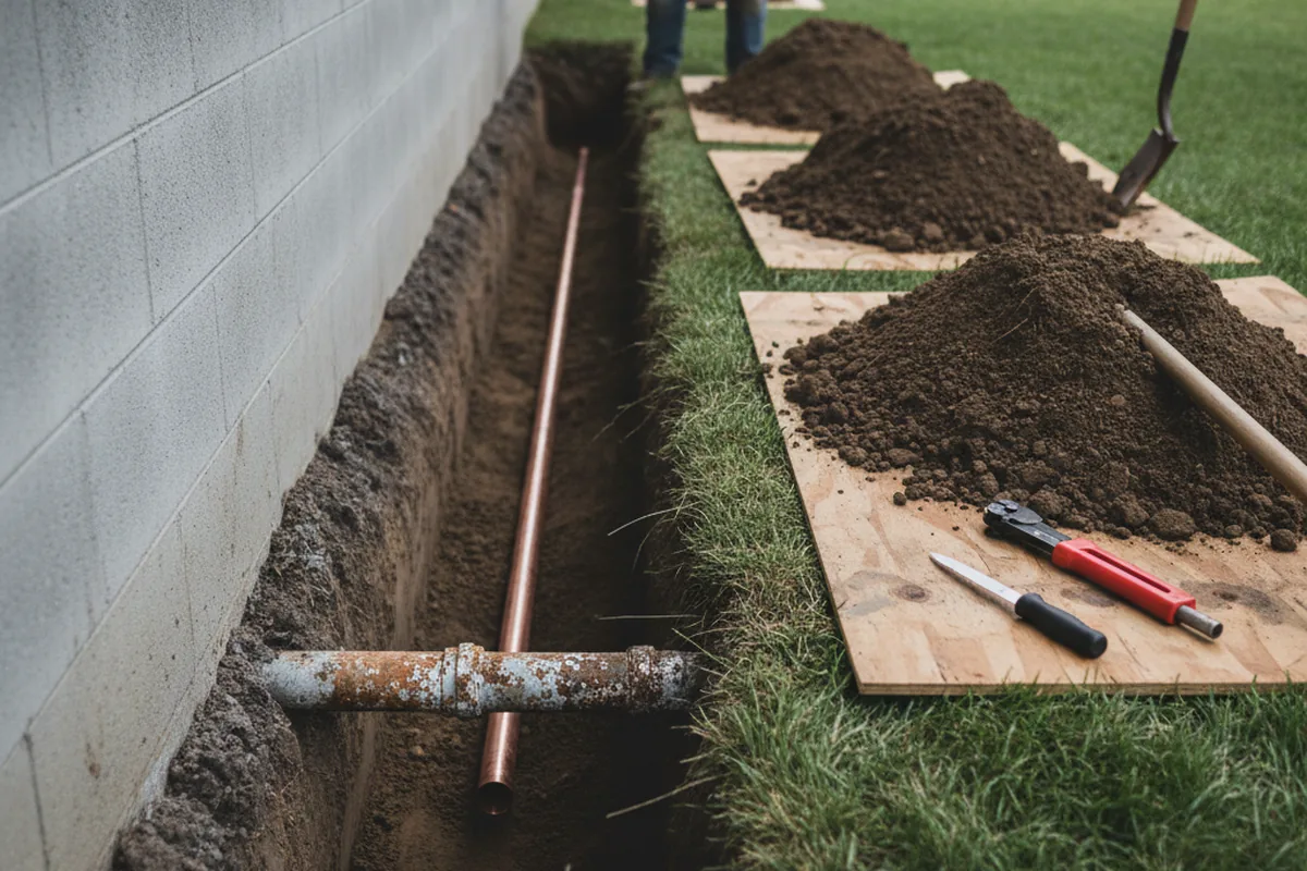Excavated water line trench during Water Softener Installation in Cascade